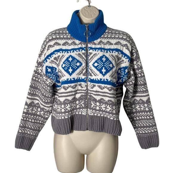 Urban Outfitters Scout Shrunken Snowflake Blue and Gray Zip Front Sweater Size M - Picture 3 of 10
